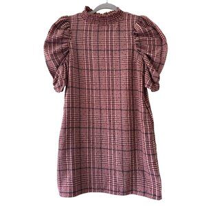 Gianni Bini Pink Plaid Puff Sleeve Dress With Ruffled Neckline